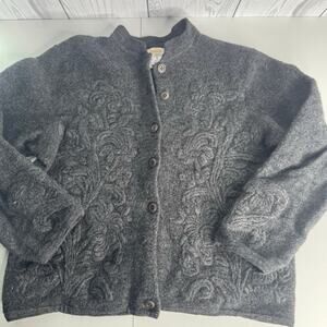 Vintage 1990s Talbots 100% Wool Crewel Embroidered Gray Cardigan Hong Kong Med